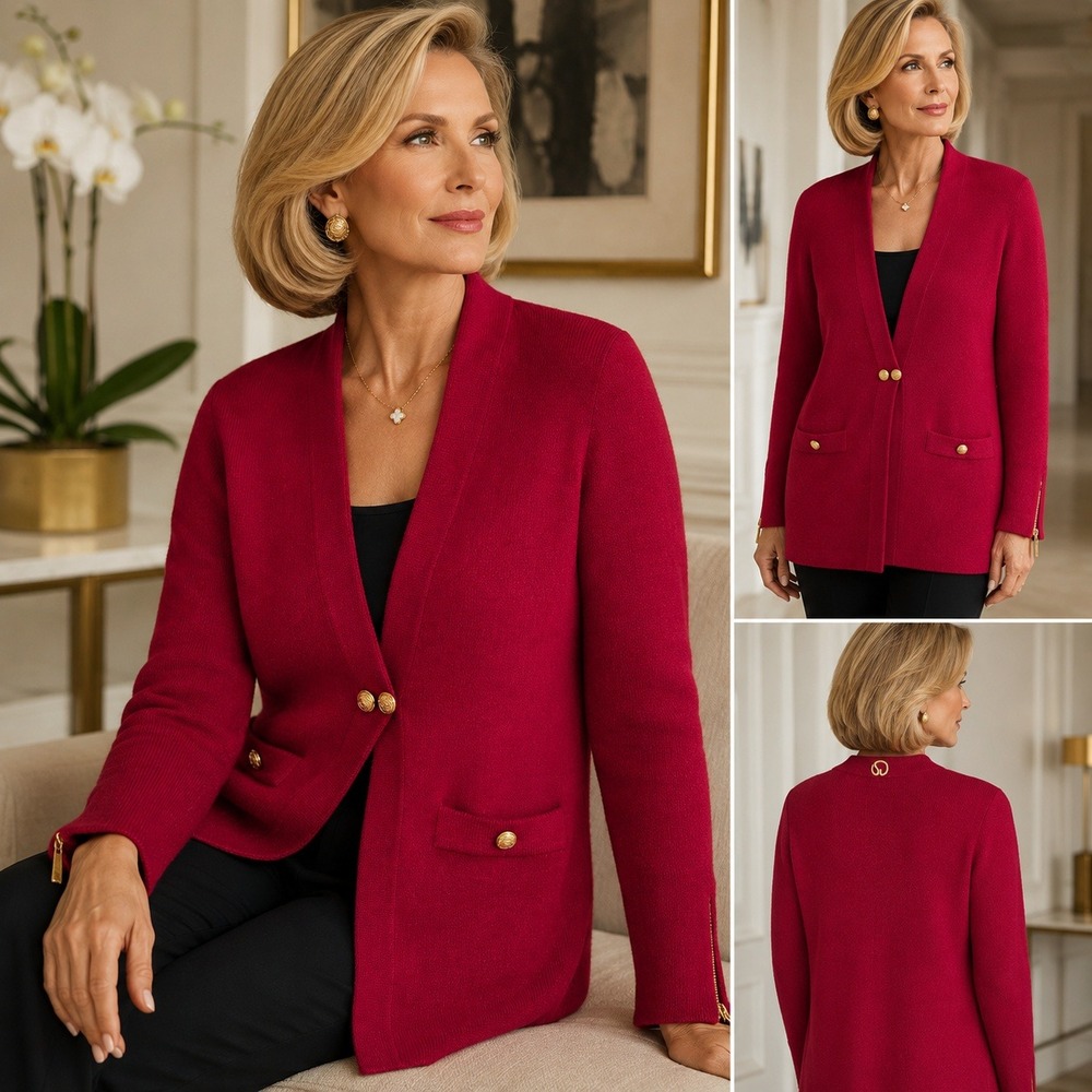 St John Collection Marie Gray Red Santana Knit Cardigan Gold Logo Button NWT S